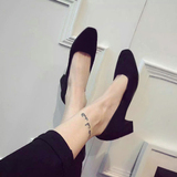 韩国新款代购同款方头粗跟单鞋韩版浅口真皮中跟黑色羊皮春款女鞋