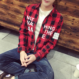 2016字母印花红格中长款长袖衬衫韩版潮流青年修身衬衣青少年潮男