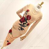 春季新款欧美大牌女人味长袖立体玫瑰花网纱修身包臀中长款连衣裙