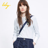 Lily2016春正品代购116140C4104收腰静谧蓝细条纹清新衬衫