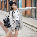 新品春装中长款毛衣开衫V领外套春季韩版学生棒球服女宽松针织衫