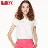 Nancyk夏新品直筒短款韩式甜美时尚短袖绣花领纯色套头白衬衫 女