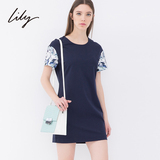 Lily丽丽2015夏装新款女装显瘦铅笔裙拼接印花连衣裙115230B7220