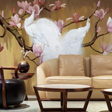 蕊西中式墙纸壁画 玉兰客厅电视背景墙壁纸 手绘白孔雀大型壁纸画