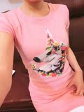 15春夏季韩国原单花朵木马贴布纯棉加厚中长款修身 短袖半袖T恤女