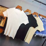韩国东大门 冰丝针织短款T恤女短袖 半袖修身上衣小高领体恤夏装
