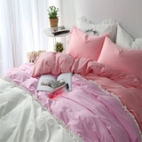 简约素色全棉粉色花边四件套小清新被套素色床单可爱纯棉床上用品