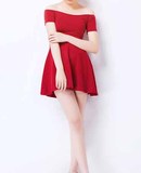 2016夏季高腰连衣裙一字领露肩收腰性感短裙小红裙修身显瘦小黑裙