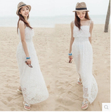 夏季韩版蕾丝荷叶领吊带高腰显瘦仙女抹胸连衣裙波西米亚沙滩长裙