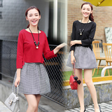 2016秋季新款韩版气质时尚修身长袖  两件套上衣+短裙配项链
