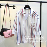 韩国SZE秋装新款POLO领竖条纹小口袋宽松长款棉麻单排扣衬衫女