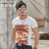 VONDYCK/范戴克夏天时尚潮男圆领短袖t恤 复古个性图案修身半截袖