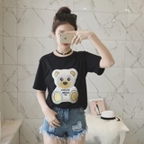 女熊猫卡通百搭修身磨毛小清新圆领带亮片的t恤衫修身百搭短袖