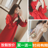 2016春季新品韩版女装学生中长款红色修身显瘦a字打底长袖连衣裙