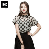 H:CONNECT韩版潮女装圆点透视短袖雪纺衬衫波点上衣hconnect