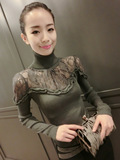 2015秋冬新款韩版套头高领针织长袖蕾丝拼接打底衫女修身显瘦T恤