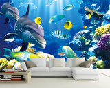 3d立体壁画电视背景墙 无缝壁画 壁纸卡通海底世界海豚墙纸墙布