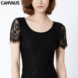 CANVAUS2016新款春夏低领性感黑色修身显瘦女T恤蕾丝打底衫KS02A