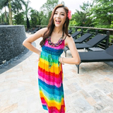 2015夏季新款海边度假沙滩长裙夏波西米亚条纹连衣裙女彩虹色