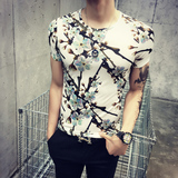 韩版男士修身个性印花短袖T恤休闲体恤半袖青年夏装打底衫紧身潮