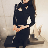 韩国代购2014年秋冬装女神气质鱼尾摆修身性感连衣裙过膝小礼服裙