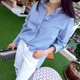 韩国正品2016春装新款蓝色条纹长袖衬衫女宽松衬衣中长款棉韩版
