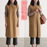 韩版秋冬新款显瘦长款羊绒呢子马甲大码砍袖圆领毛呢马甲女装外套