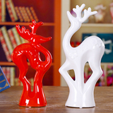景德镇陶瓷中国风小鹿动物摆件红白色釉大角鹿书房床头装饰品礼物