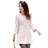 秋冬新款女式韩版修身单排扣毛呢风衣外套 中长款圆领九分袖外套