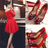 红色婚鞋尖头高跟鞋春季韩版蝴蝶结细跟浅口性感水钻新娘鞋单鞋女