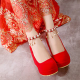 韩版春秋季女单鞋坡高跟鞋红色新娘结婚鞋扣带串珠水钻新娘鞋学生
