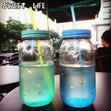 创意彩色梅森瓶透明饮料玻璃杯带盖吸管大容量果汁冷饮咖啡厅杯子
