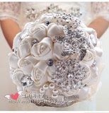 手捧花球新娘韩式珍珠布艺缎带钻仿真diy创意结婚礼粉紫红奶白色