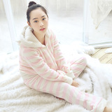 出口日本条纹珊瑚绒女士睡衣套装 外贸原单日系兔耳朵可爱家居服