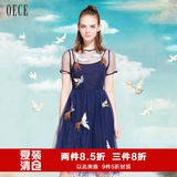 OECE2016夏装新款女装 复古刺绣欧根纱修身圆领短袖连衣裙