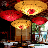 现代中式手绘国画吊灯创意简约布艺仿古伞灯茶楼会所咖啡厅灯具