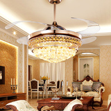 LED隐形吊扇灯欧式金色水晶客厅餐厅卧室家用伸缩折叠电风扇带灯