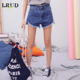 LRUD2016夏装新款韩版高腰毛边牛仔短裤女前短后长显瘦阔腿热裤