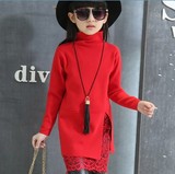 2015毛衣冬季女童长款针织衫蕾丝红色儿童中小童高领韩版打底衫白
