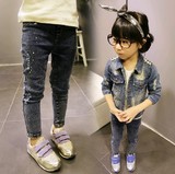 韩版孩子童装女童牛仔裤2014新款黑色韩版做旧破洞小脚牛仔长裤子