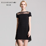 【新品】ELLASSAY歌力思2016春夏女装 黑色短袖蕾丝针织连衣裙