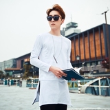 春季男士韩版修身中长款长袖T恤个性加长拼接拉链圆领夜场男装潮