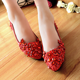 中式珍珠蕾丝婚鞋红色新娘鞋 中跟平底白色伴娘鞋孕妇秀禾鞋 订制