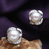 正品天然珍珠耳钉 925纯银镶钻珍珠耳环 韩国时尚花朵耳饰 送女友