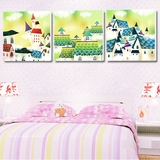 5现代美式挂画卡通城堡壁画墙画无框画儿童房卧室床头三联装饰画