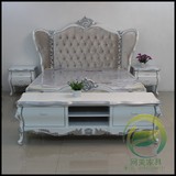 新古典床实木白色双人布艺奢华绒面料欧式方型高背头柜尾凳子特价