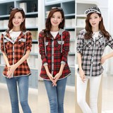 青少年2015春秋新款韩版中长款长袖格子衬衫外套少女学生装外套潮