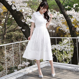 2016夏季女装新款 短袖修身纯白色蕾丝镂空长裙衬衫式韩版连衣裙