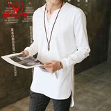 春夏季韩版男士宽松V领套头上衣日系中长款潮男纯色外套夹克衫
