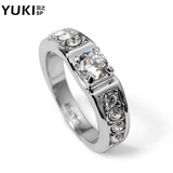 YUKI男士韩版18KGP水晶锆石钻男生气质戒指镀白金指环送男友礼物